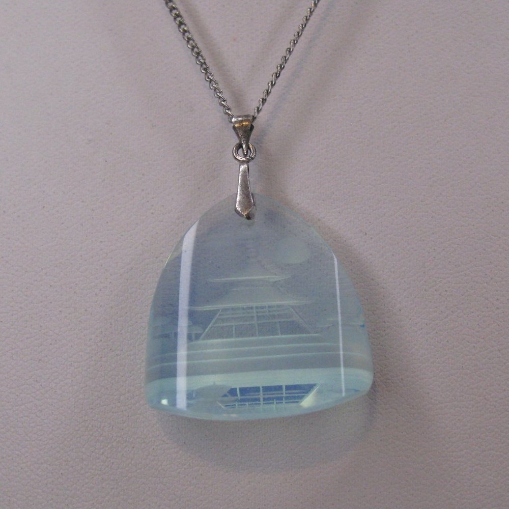 Vintage Moonstone Glass Reverse Carved Pendant Sterling Silver Necklace Japan